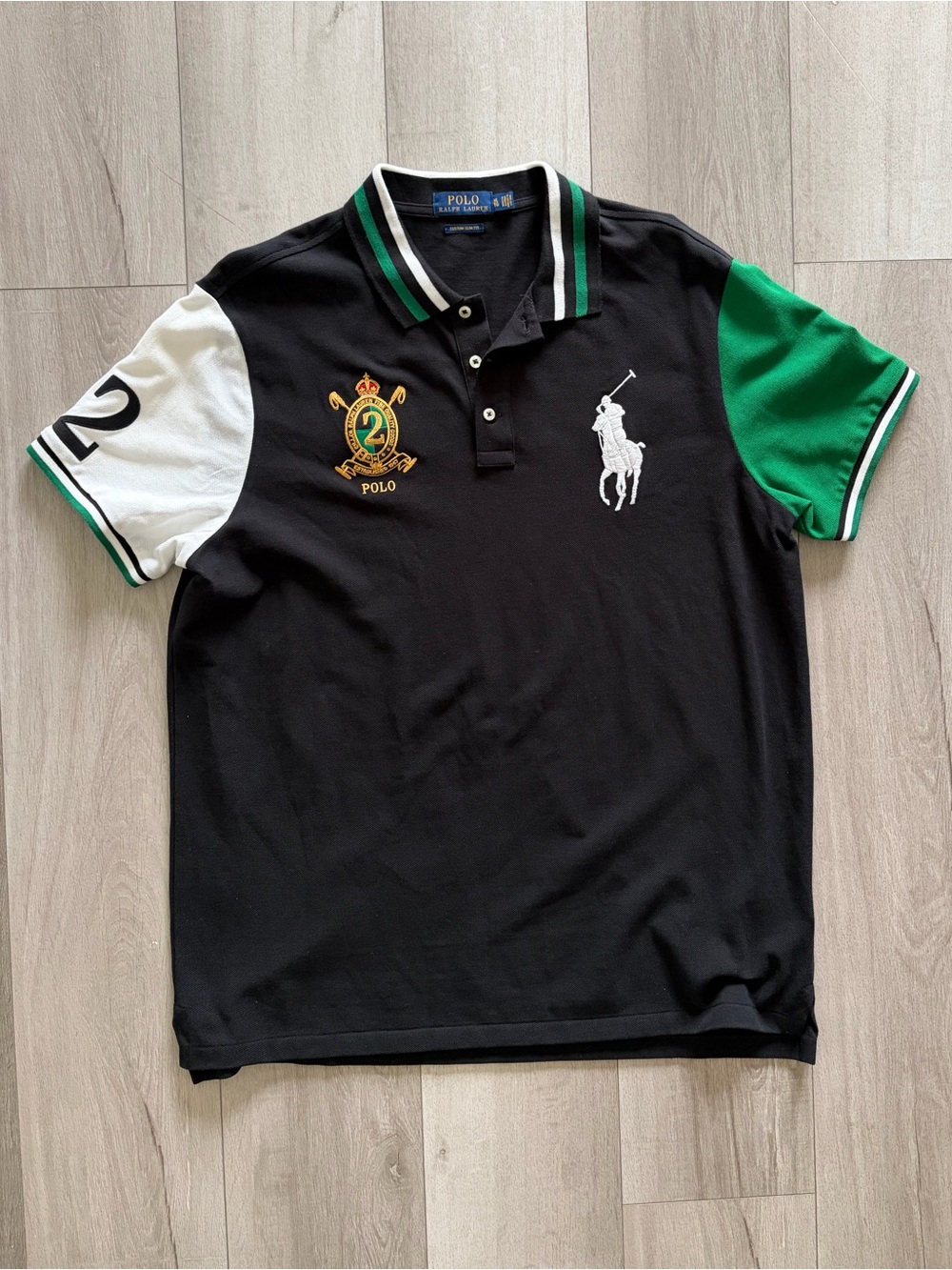 Ralph Lauren Black Polo with Green and White Contrast Sleeves Size XL